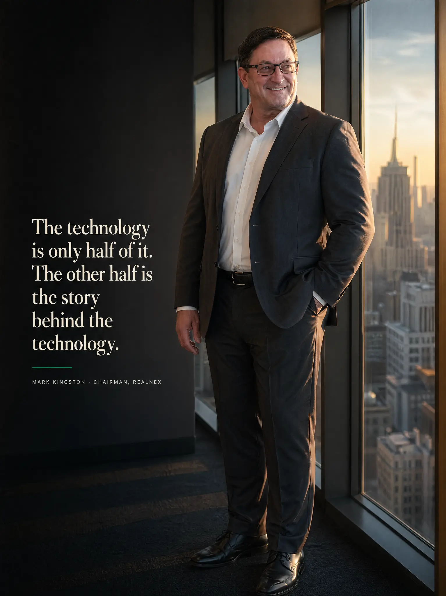 Mark Kingston, Chairman of RealNex, photographed in his office at dusk.
