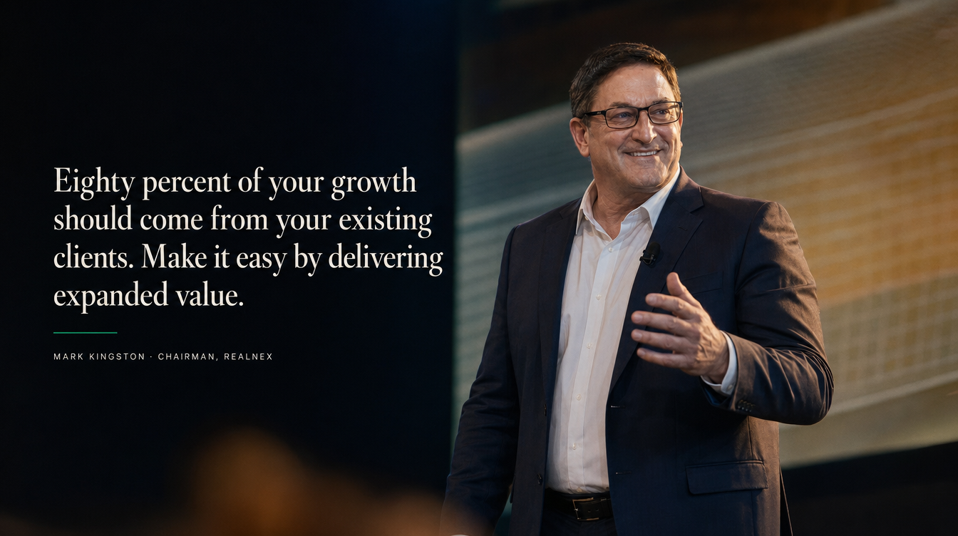 ‘Eighty percent of your growth should come from your existing clients. Make it easy by delivering expanded value.’ — Mark Kingston, Chairman, RealNex